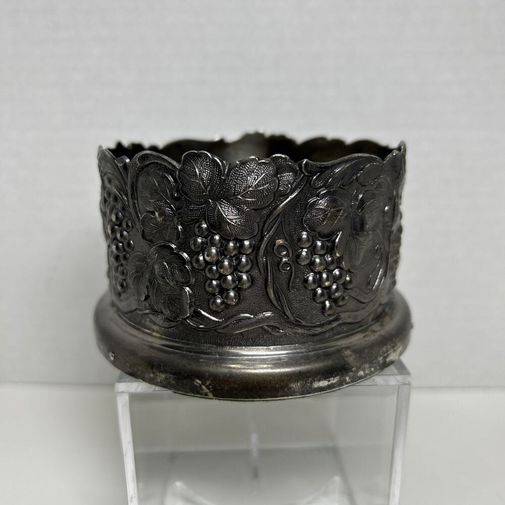 Vtg Silver Plated & Wood Wine Bottle Coaster Holder Grapes Vines